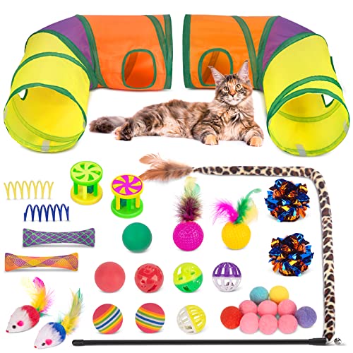 Retro Shaw 33Pcs Cat Toys Large Cat Tunnels with Toys Interactive Kitten Toys for Indoor Cats Kitty Collapsible Cat Tube Tent Feather Wand Teaser Bell Fuzzy Ball Crinkly Springs Mouse - Image 1
