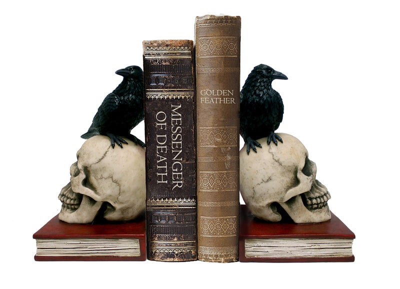 DWK Evil Omen Raven On Skull Perch Decorative Bookend Set - Image 1