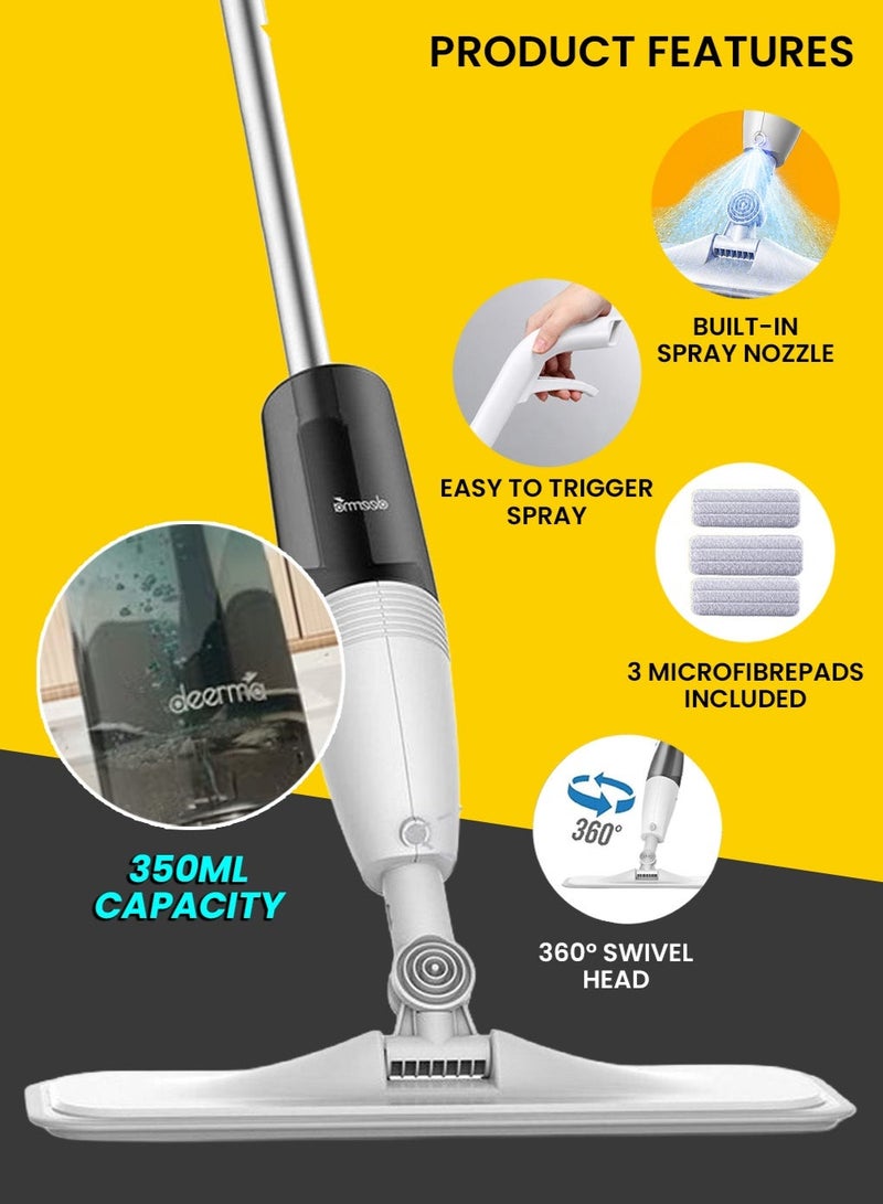 Deerma Spray Mop and Floor Mop with 3 Pieces Washable Microfiber Pads-Cleaning Mop with 350ML Refillable Water Tank 360° Rotating Mops for Home and Kitchen TB500- White - Image 4