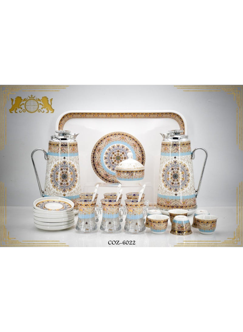 ماي فلاور طقم شاي وقهوة مايفلاور 29 قطعة، مصنوع من السيراميك والزجاج، بتصميم عربي أنيق، فضي مع أخضر - Image 1