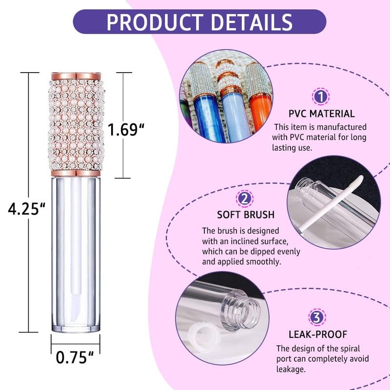 AMORIX 6pcs Lip Gloss Tubes with Wand 5ml Empty Rhinestone Lip Gloss Containers Cute Lipgloss Bottles Crystal Lip Gloss Supplies Kit with Syringe for DIY Lip Gloss Base - Image 2
