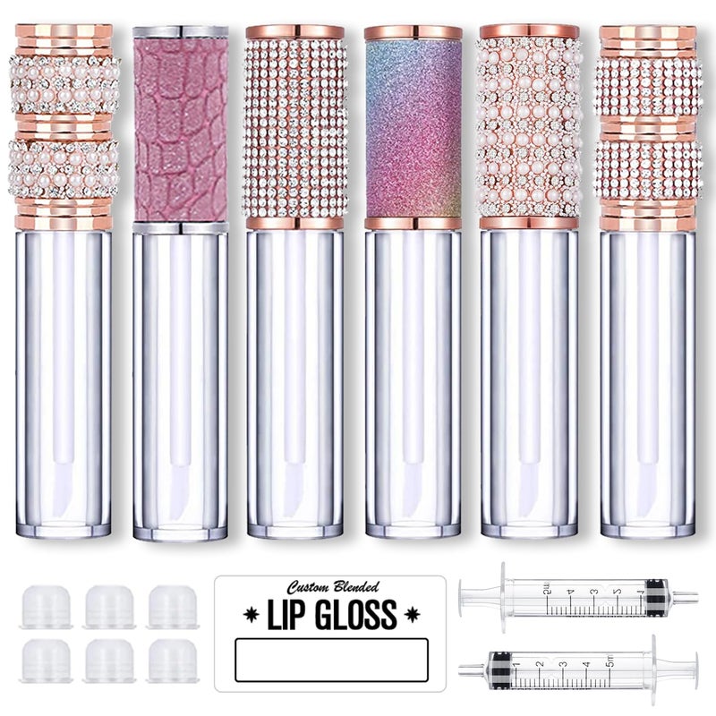 AMORIX 6pcs Lip Gloss Tubes with Wand 5ml Empty Rhinestone Lip Gloss Containers Cute Lipgloss Bottles Crystal Lip Gloss Supplies Kit with Syringe for DIY Lip Gloss Base - Image 1
