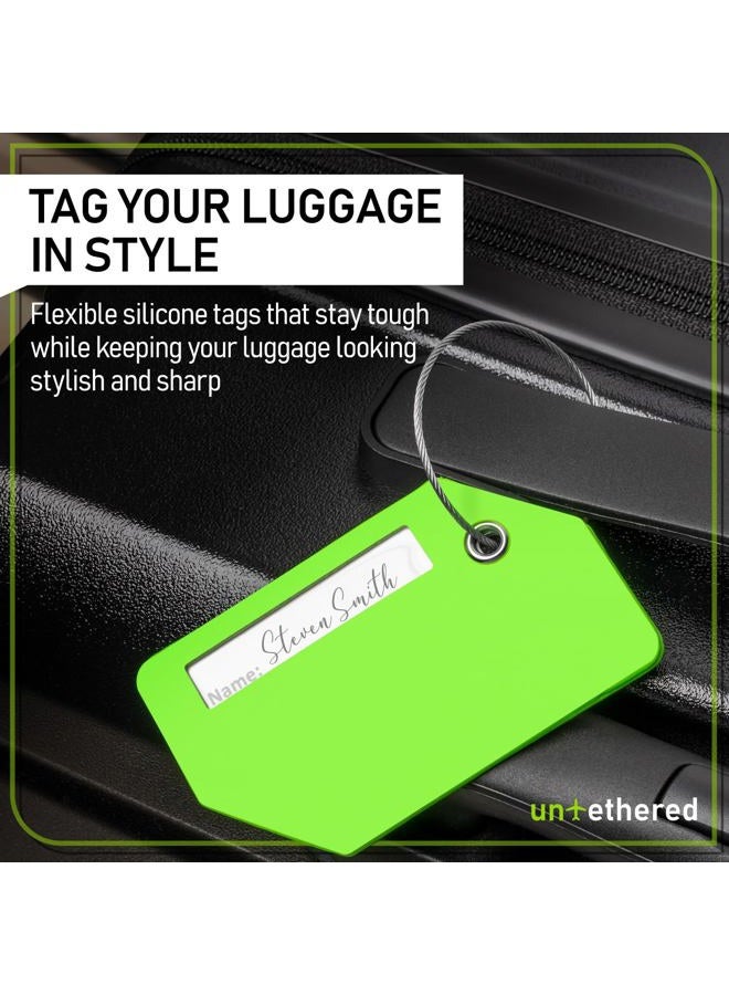 Untethered Luggage Tag Set | 4 Pack Flexible & Bright Silicone Baggage Tags for Travel & Suitcases. Includes Name Cards with Partial Privacy Cover & Stainless Steel Loops for Secure Fastening (Green) - Image 2