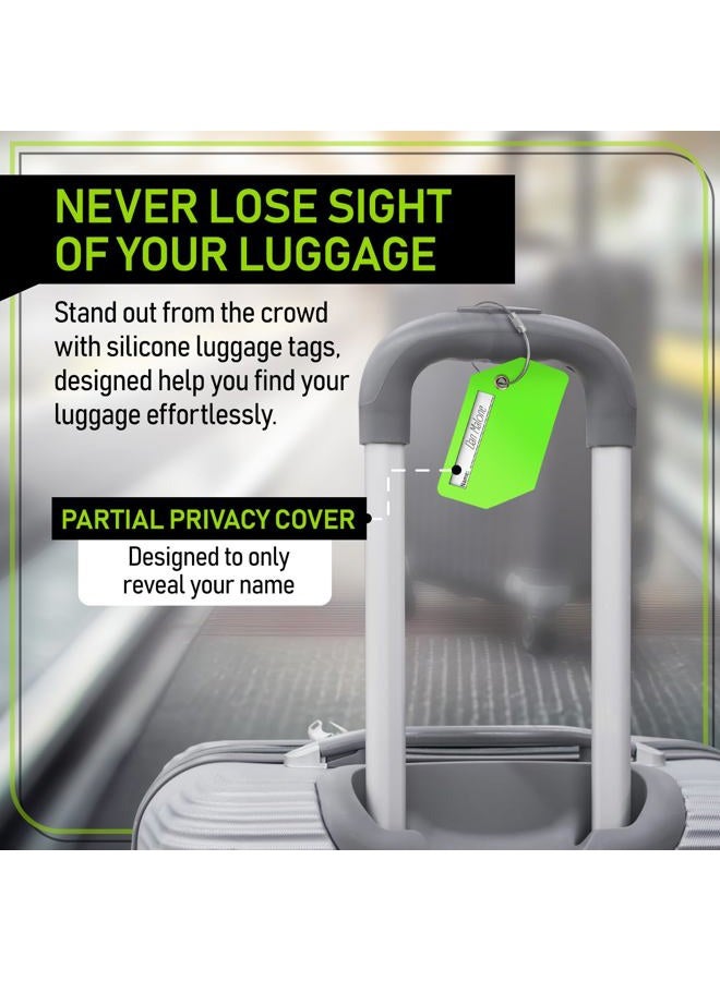 Untethered Luggage Tag Set | 4 Pack Flexible & Bright Silicone Baggage Tags for Travel & Suitcases. Includes Name Cards with Partial Privacy Cover & Stainless Steel Loops for Secure Fastening (Green) - Image 4