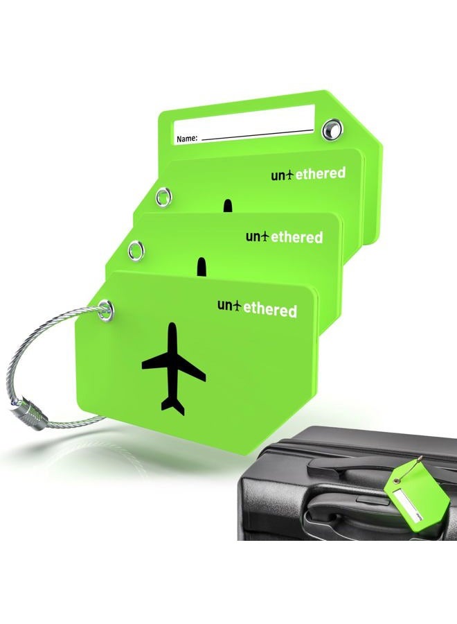 Untethered Luggage Tag Set | 4 Pack Flexible & Bright Silicone Baggage Tags for Travel & Suitcases. Includes Name Cards with Partial Privacy Cover & Stainless Steel Loops for Secure Fastening (Green) - Image 1