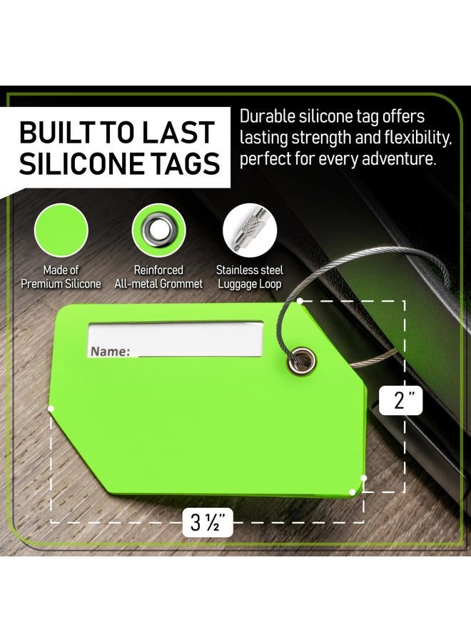 Untethered Luggage Tag Set | 4 Pack Flexible & Bright Silicone Baggage Tags for Travel & Suitcases. Includes Name Cards with Partial Privacy Cover & Stainless Steel Loops for Secure Fastening (Green) - Image 5