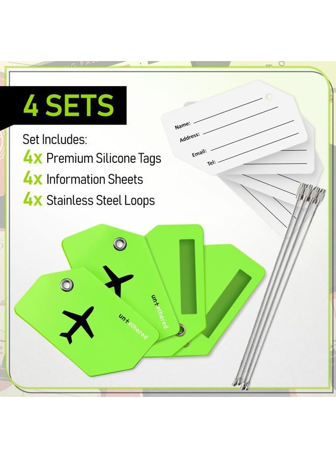 Untethered Luggage Tag Set | 4 Pack Flexible & Bright Silicone Baggage Tags for Travel & Suitcases. Includes Name Cards with Partial Privacy Cover & Stainless Steel Loops for Secure Fastening (Green) - Image 3