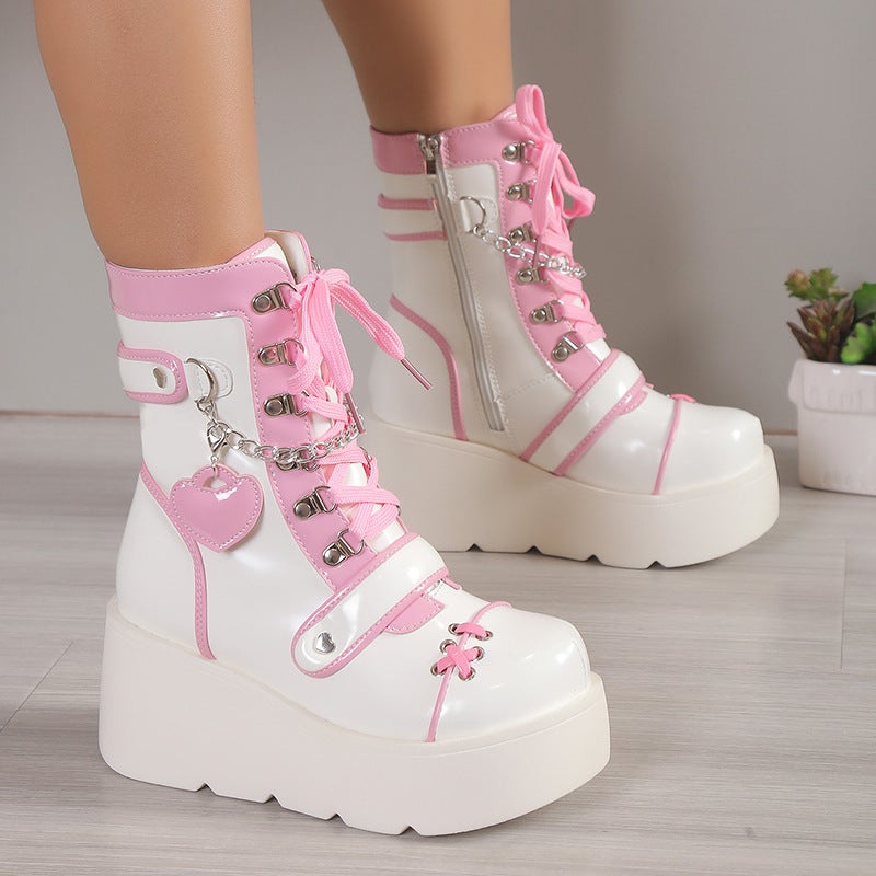 Cute Pink Sweetheart Thick-Soled Short Boots with Heart Charm and Lace-Up Pink