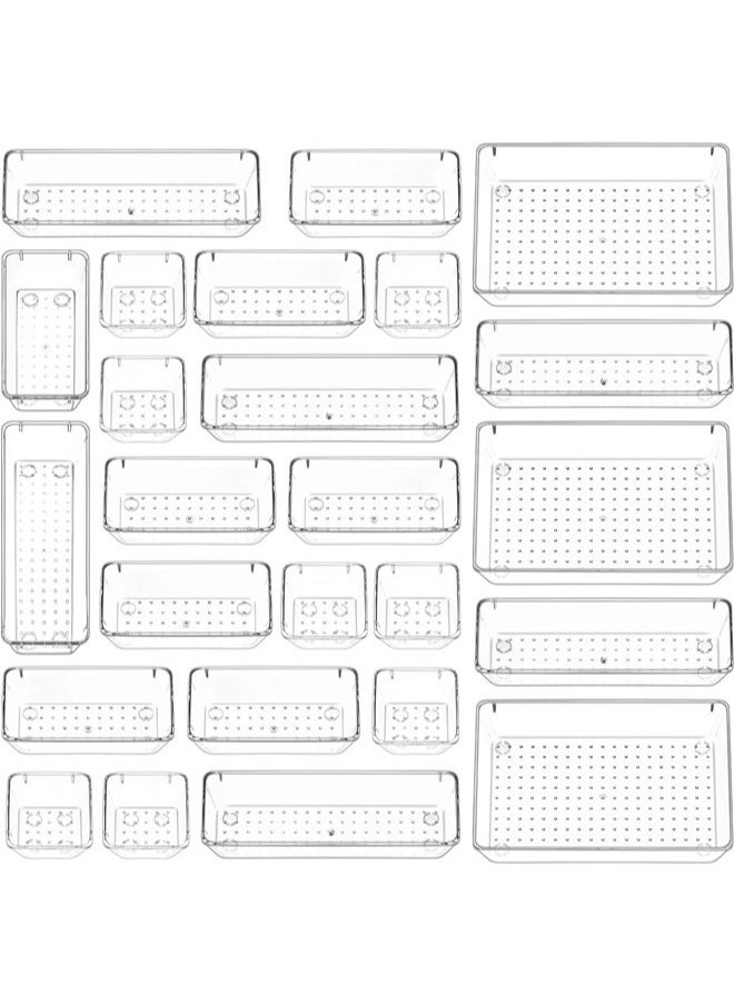 Denzoz 25 Pcs Desk Drawer Organizers Trays Set Clear Plastic Storage Bins Bathroom Drawer Tray Dividers Vanity Trays Organizer for Bedroom Dresser Makeup Kitchen Utensil Office  - Image 1