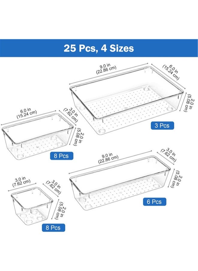 Denzoz 25 Pcs Desk Drawer Organizers Trays Set Clear Plastic Storage Bins Bathroom Drawer Tray Dividers Vanity Trays Organizer for Bedroom Dresser Makeup Kitchen Utensil Office  - Image 3