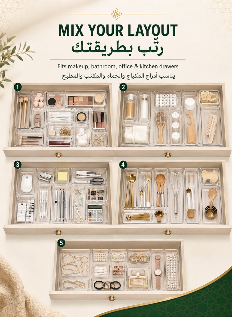 دنزوز 25 قطعة من منظمات أدراج المكتب، مجموعة صناديق تخزين بلاستيكية شفافة، فواصل درج الحمام، منظم صواني الزينة لغرفة النوم، خزانة أدوات المطبخ، المكتب - Image 4