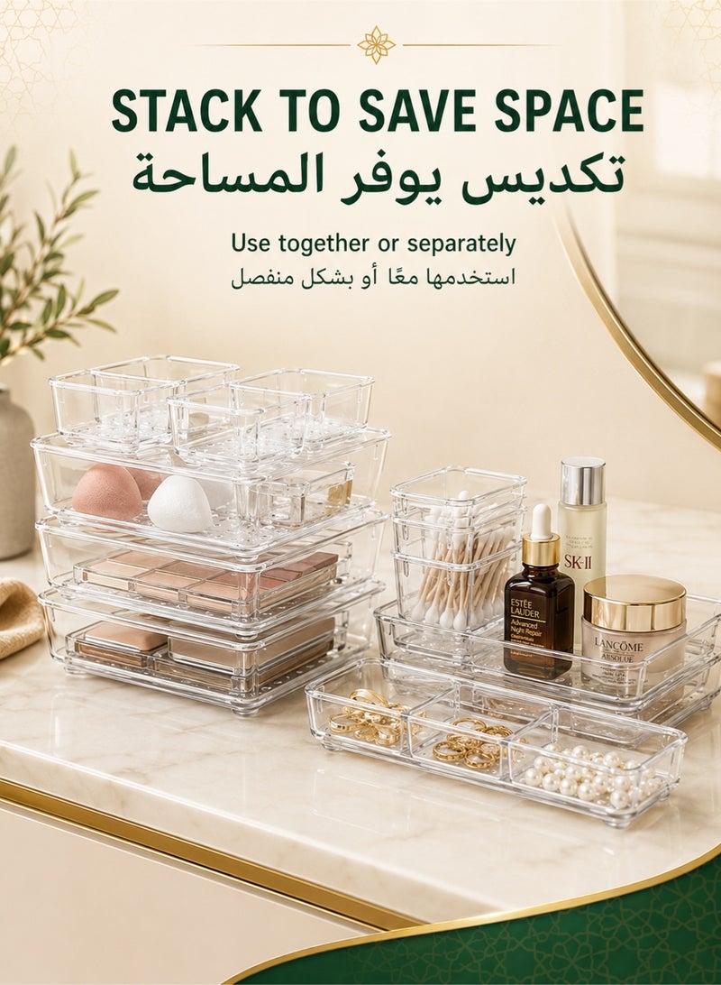 دنزوز 25 قطعة من منظمات أدراج المكتب، مجموعة صناديق تخزين بلاستيكية شفافة، فواصل درج الحمام، منظم صواني الزينة لغرفة النوم، خزانة أدوات المطبخ، المكتب - Image 5