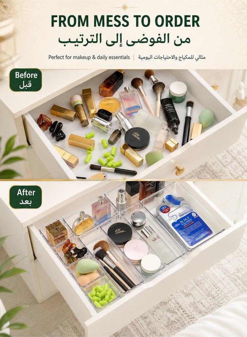 دنزوز 25 قطعة من منظمات أدراج المكتب، مجموعة صناديق تخزين بلاستيكية شفافة، فواصل درج الحمام، منظم صواني الزينة لغرفة النوم، خزانة أدوات المطبخ، المكتب - Image 2