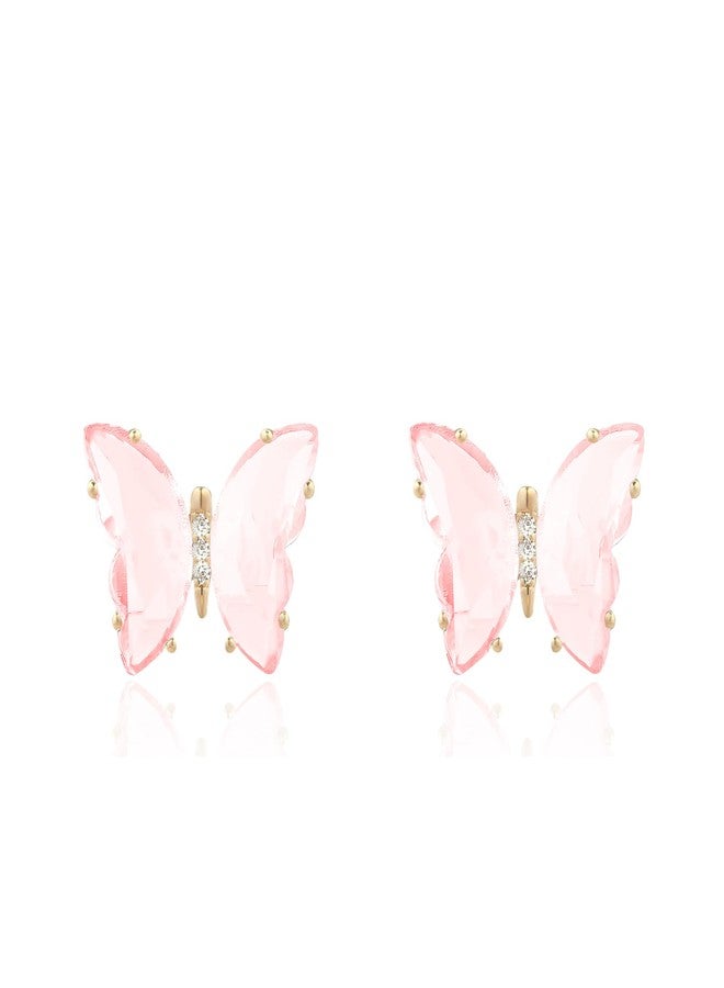 YOQUCOL Butterfly Shape Pink Crystal Glass Stud Earrings Golden Pierced Earrings for Women - Image 1