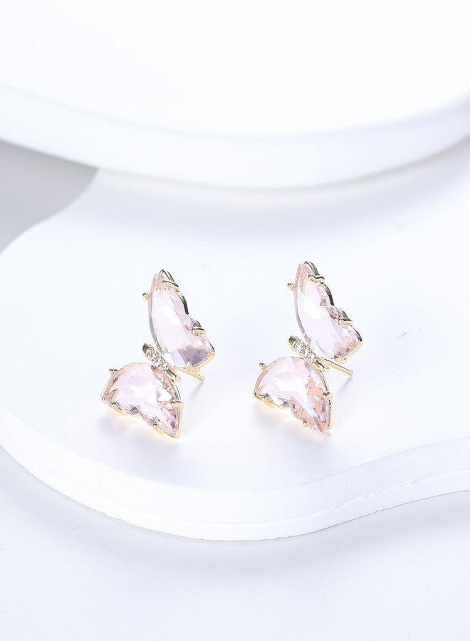YOQUCOL Butterfly Shape Pink Crystal Glass Stud Earrings Golden Pierced Earrings for Women - Image 4