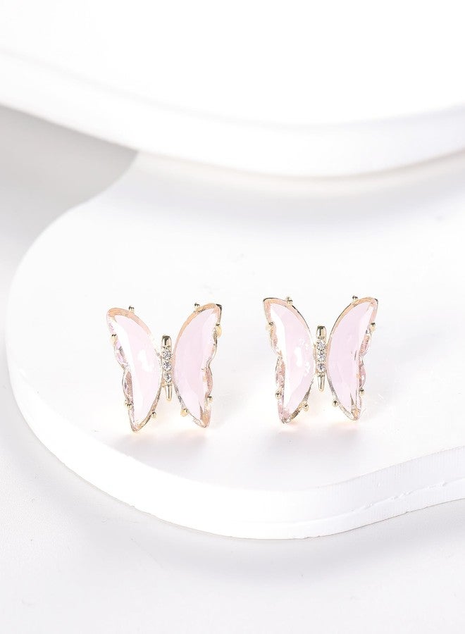 YOQUCOL Butterfly Shape Pink Crystal Glass Stud Earrings Golden Pierced Earrings for Women - Image 3
