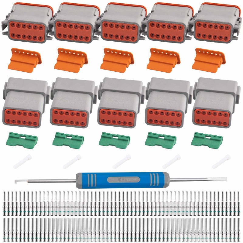 JRready Deutsch Connector 12 Pin Connector Kits with Size 16 Solid Contacts1420AWG ST632812 DT Series Waterproof Connector 12 Pin 5 Sets and Deutsch Pin Removal Tool DRKRT1B with Mounting Clips