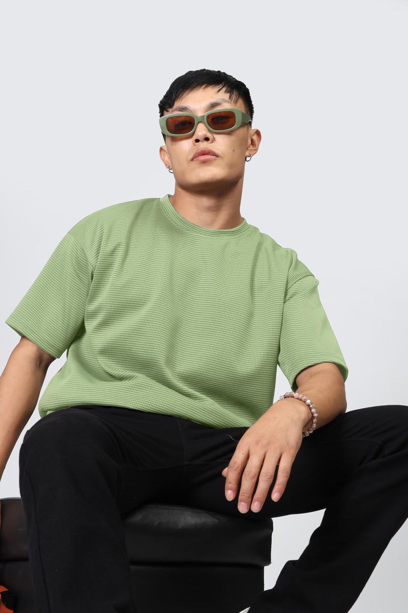 SHODOX® Men Oversized T Shirt Solid Dotted Design | Round Neck Loose Fit Drop Shoulder Casual T-Shirt for Men Green - Image 3