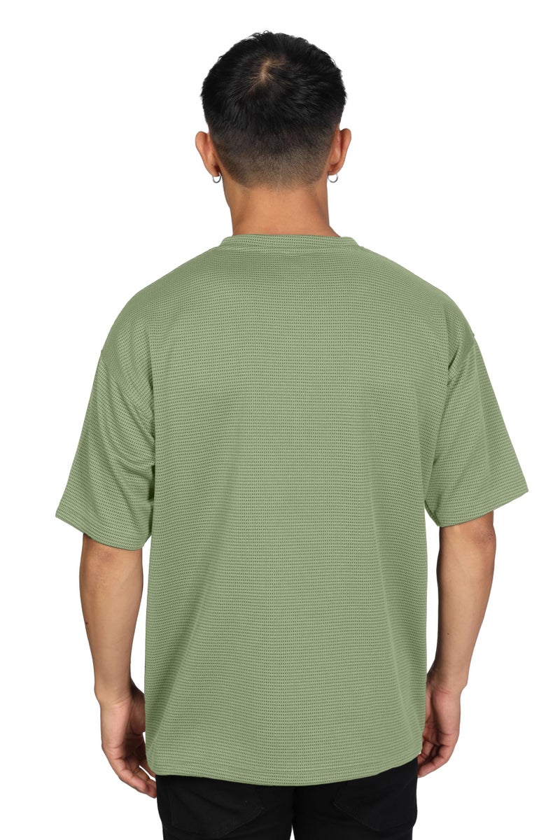 SHODOX® Men Oversized T Shirt Solid Dotted Design | Round Neck Loose Fit Drop Shoulder Casual T-Shirt for Men Green - Image 2