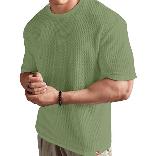 SHODOX® Men Oversized T Shirt Solid Dotted Design | Round Neck Loose Fit Drop Shoulder Casual T-Shirt for Men Green - Image 1