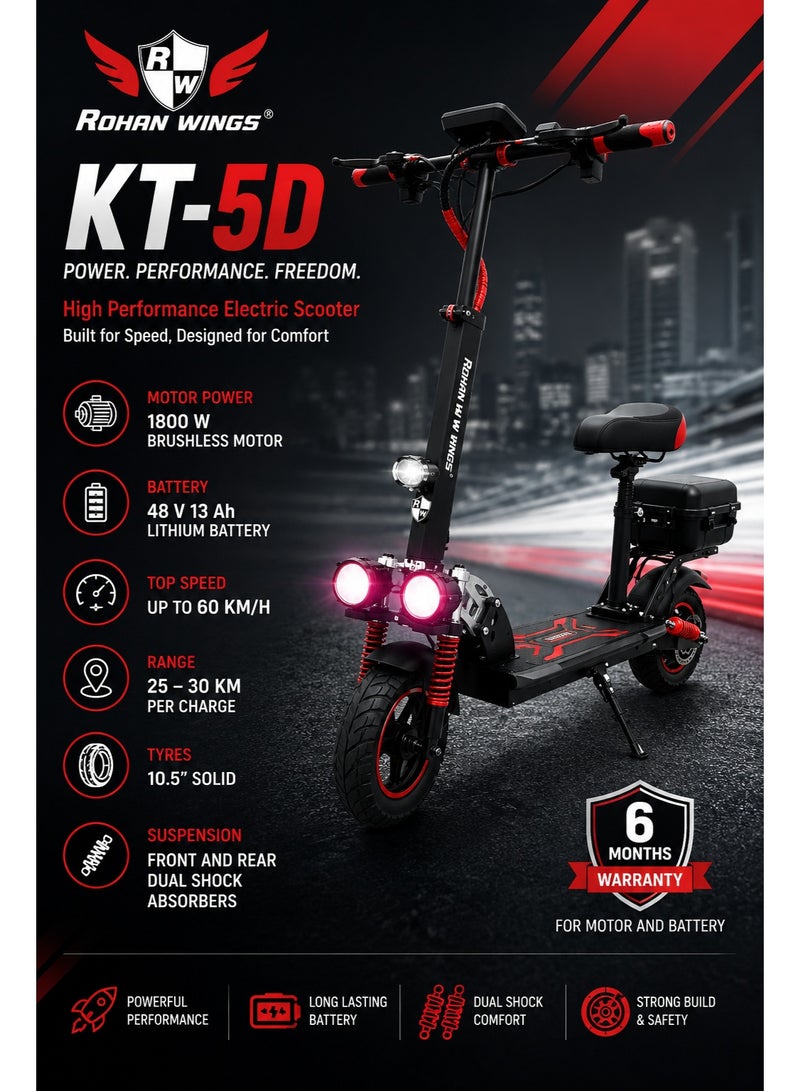 Rohan Wings KT-5D Electric Scooter with 1800W Brushless Motor, 48V 13Ah Lithium Battery, 10.5 Inch Solid Tyres, Dual Suspension, Up to 60 km/h Speed - Image 2