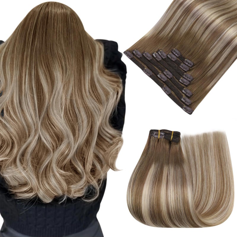 Easyouth Clip in Extensions Brown Balayage Natural Hair Extensions Clip ins Chestnut Brown Balayage Platinum Blonde Soft and Smooth Clips in Real Human Hair Extension Easy to Wear 18Inch 7Pcs 120G