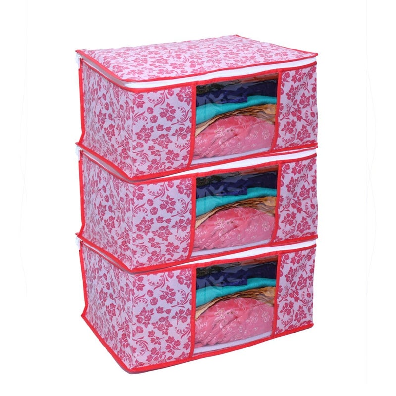 LAXIS ® Saree Covers With Zip Non-Woven Printed Saree Cover/Saree Organizer For Wardrobe/Cloth Storage With Transparent Window/Saree Bags Storage/Clothes Organizer (Peach- Pack of 3) - Image 1