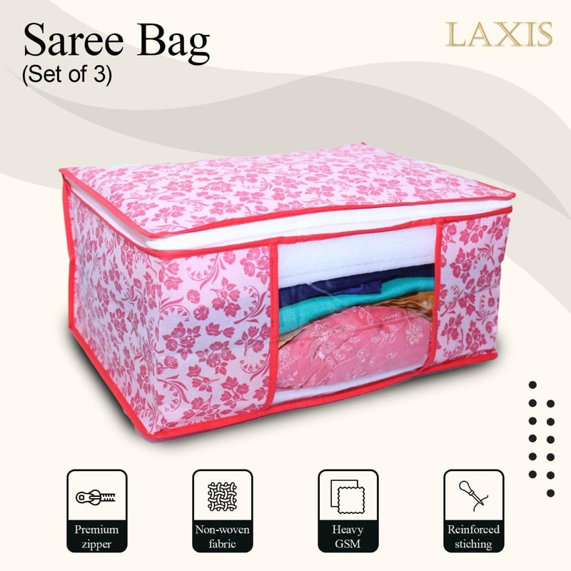 LAXIS ® Saree Covers With Zip Non-Woven Printed Saree Cover/Saree Organizer For Wardrobe/Cloth Storage With Transparent Window/Saree Bags Storage/Clothes Organizer (Peach- Pack of 3) - Image 3