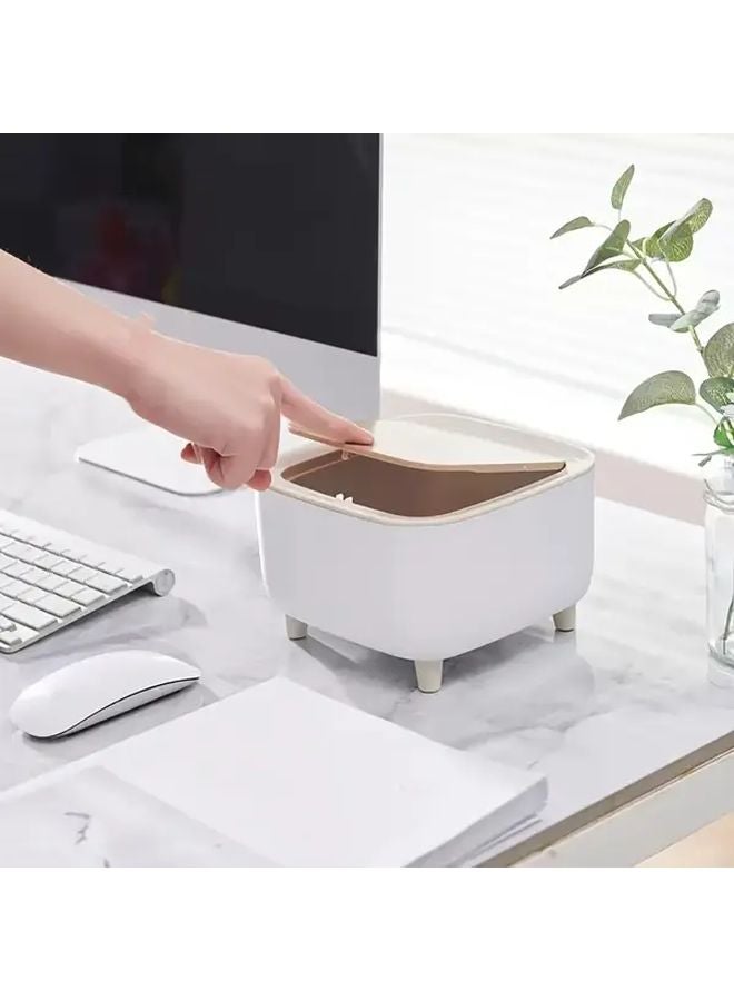 White Square Desktop Trash Can With Brown Lid Durable Plastic Waste Bin For Home Office - Image 1