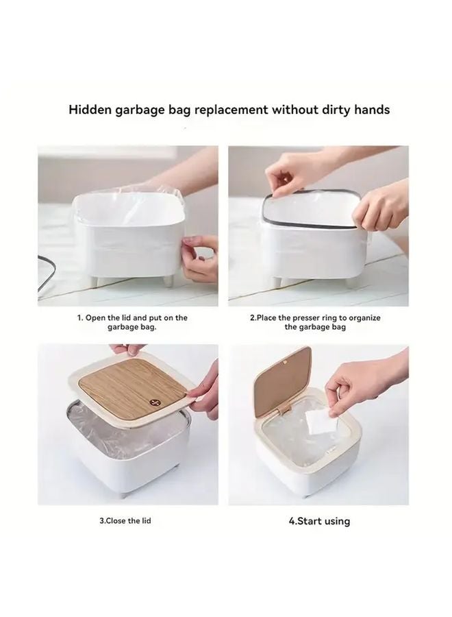 White Square Desktop Trash Can With Brown Lid Durable Plastic Waste Bin For Home Office - Image 5