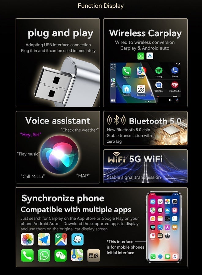 تونكي محول 2 في 1 للسيارة يعمل بتقنية وايرلس CarPlay وAndroid Auto - بلوتوث 5.0 + واي فاي 5G، دنجول USB سهل الاستخدام للسيارات المزودة بنظام CarPlay السلكي - Image 3
