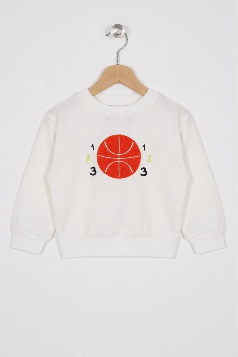 زيبكيدز Basketball Ball Embroidered Ecru Color Boy Sweatshirt