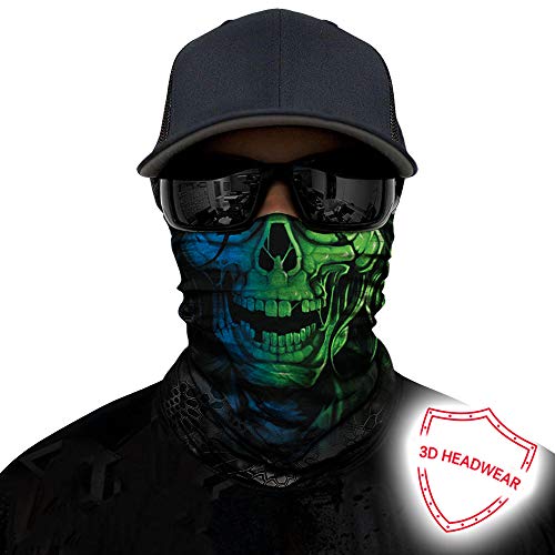 Obacle Skull Face Mask Half for Dust Wind UV Sun Protection Seamless 3D Tube Mask Bandana for Men Women Thin Skeleton Mask Motorcycle Riding Biker Fishing Cycling Sports Festival (Green Blue Skull) - Image 2