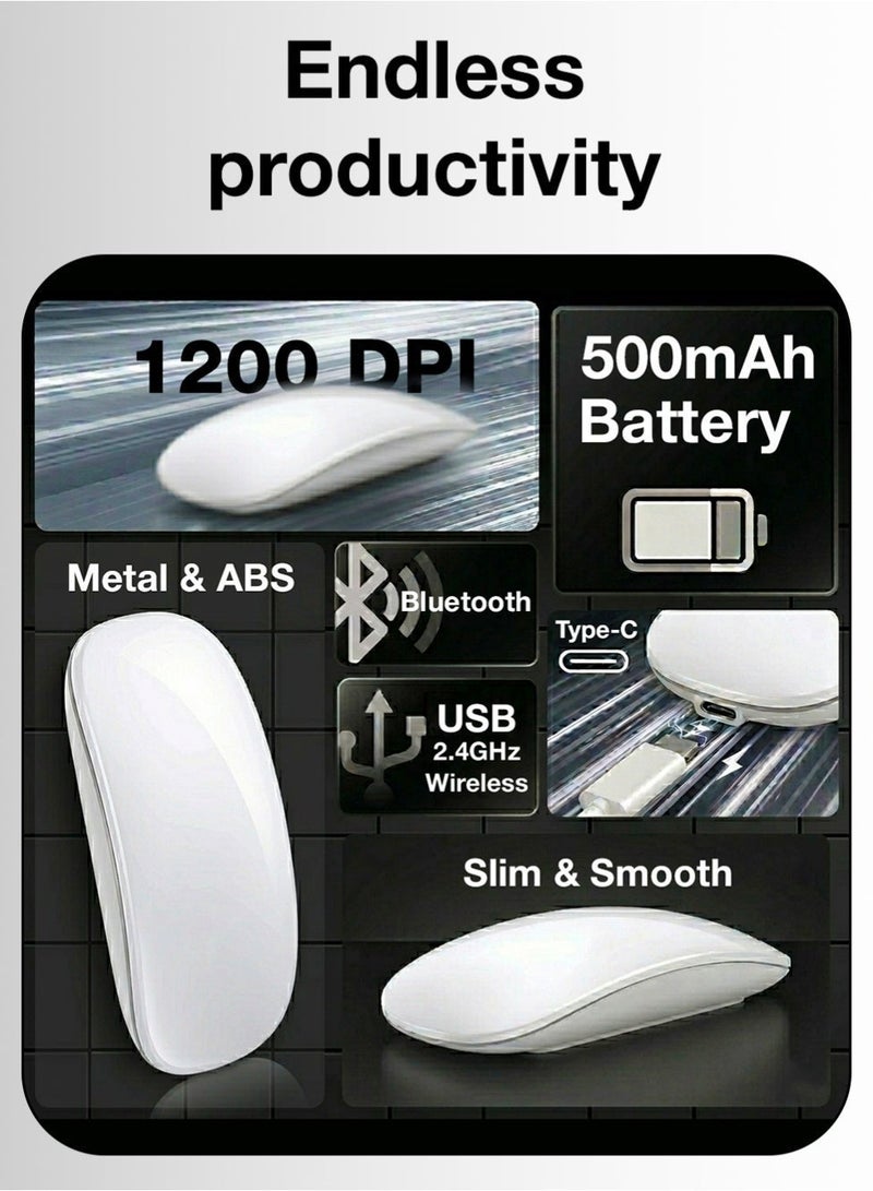 glassology Magic Rechargeable Wireless Touch Scroll Optical Mouse Strong Bluetooth 5.1 Connection 1200 DPI Precision Sensor Ambidextrous Design for iPad iMac Desktop & Laptop in Elegant White - Image 5