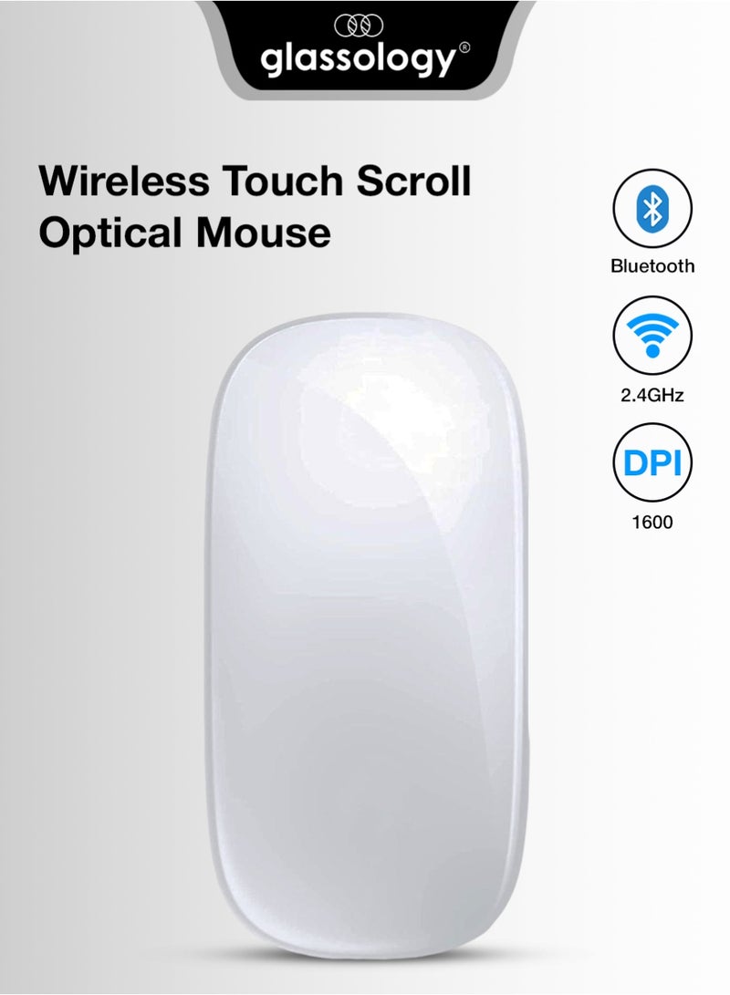 glassology Magic Rechargeable Wireless Touch Scroll Optical Mouse Strong Bluetooth 5.1 Connection 1200 DPI Precision Sensor Ambidextrous Design for iPad iMac Desktop & Laptop in Elegant White - Image 1