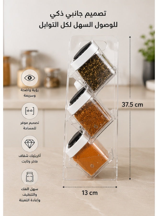 Premium 3-Tier Acrylic Spice Rack with 12 x 250ml Spice Jars – Clear Kitchen Organizer with Multi-Pour Adjustable Lids, Space-Saving Modern Design - Image 1