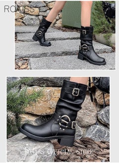 roaiss Belt Buckle Leather Mid Calf Boots for Women Slip On Square Toe Chunky Heel High Boot Vintage Martin Shoes  - Image 3