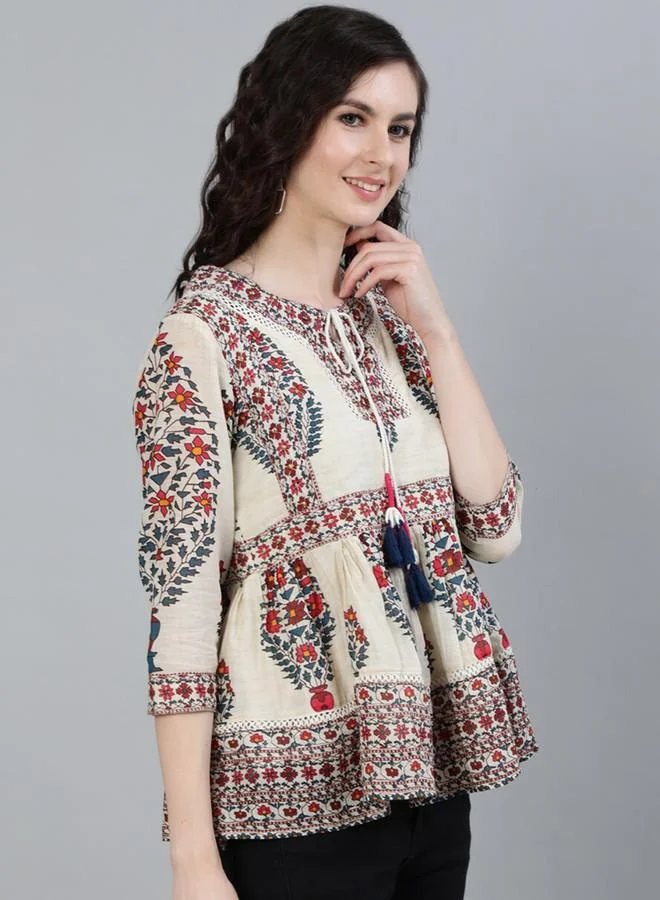 ISHIN  Women'S Off White 100% Cotton Self Design A-Line Tops for Women | Best Price UAE