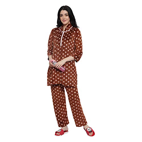 CIERGE Women's Wool Starred Night Suit Pajama Set (Woolen Star Pattern_Brown_Free Size) - Image 2