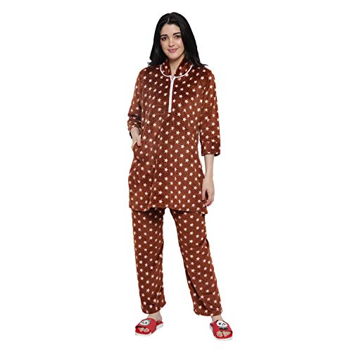 CIERGE Women's Wool Starred Night Suit Pajama Set (Woolen Star Pattern_Brown_Free Size) - Image 1