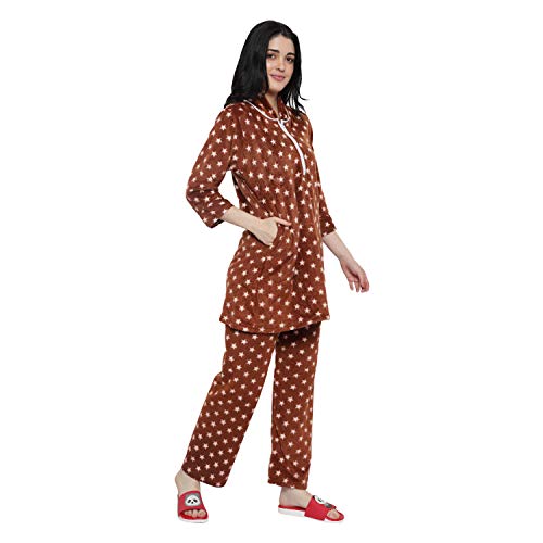 CIERGE Women's Wool Starred Night Suit Pajama Set (Woolen Star Pattern_Brown_Free Size) - Image 4