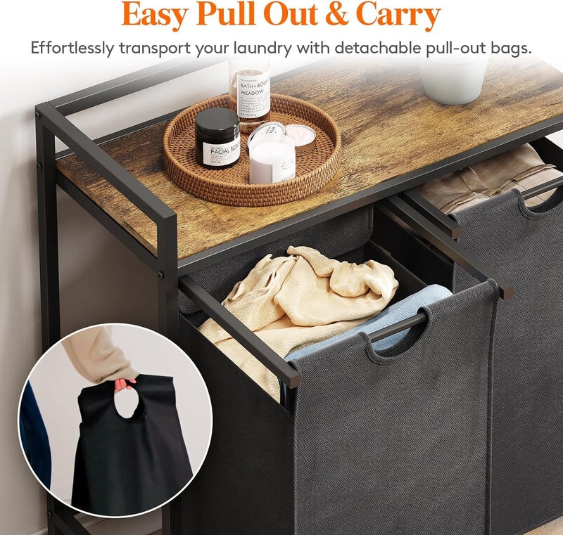 INDIDECOR INDIDECOR 2155 Laundry Basket with Wheels 2 Compartments Washing Basket with Large Storage Shelf and 2 Removable Laundry Bags Double Clothes Laundry Hamper for Laundry Room Bedroom And Dorm Black  - Image 2