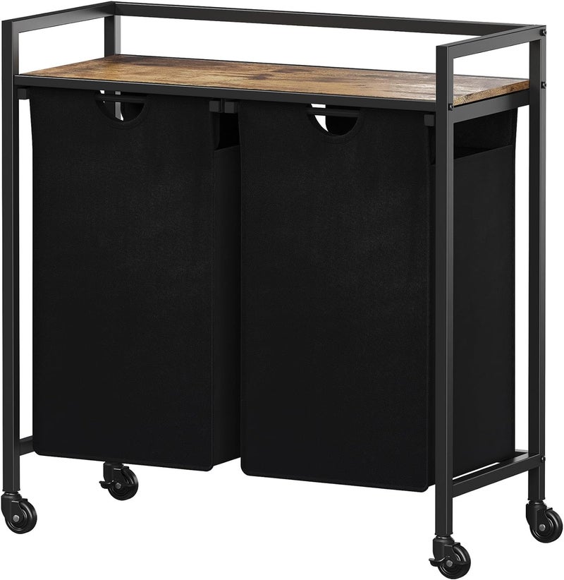 INDIDECOR INDIDECOR 2155 Laundry Basket with Wheels 2 Compartments Washing Basket with Large Storage Shelf and 2 Removable Laundry Bags Double Clothes Laundry Hamper for Laundry Room Bedroom And Dorm Black  - Image 1