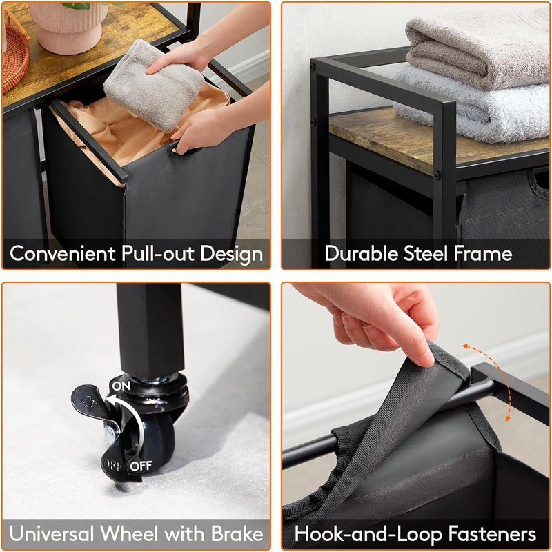 INDIDECOR INDIDECOR 2155 Laundry Basket with Wheels 2 Compartments Washing Basket with Large Storage Shelf and 2 Removable Laundry Bags Double Clothes Laundry Hamper for Laundry Room Bedroom And Dorm Black  - Image 4