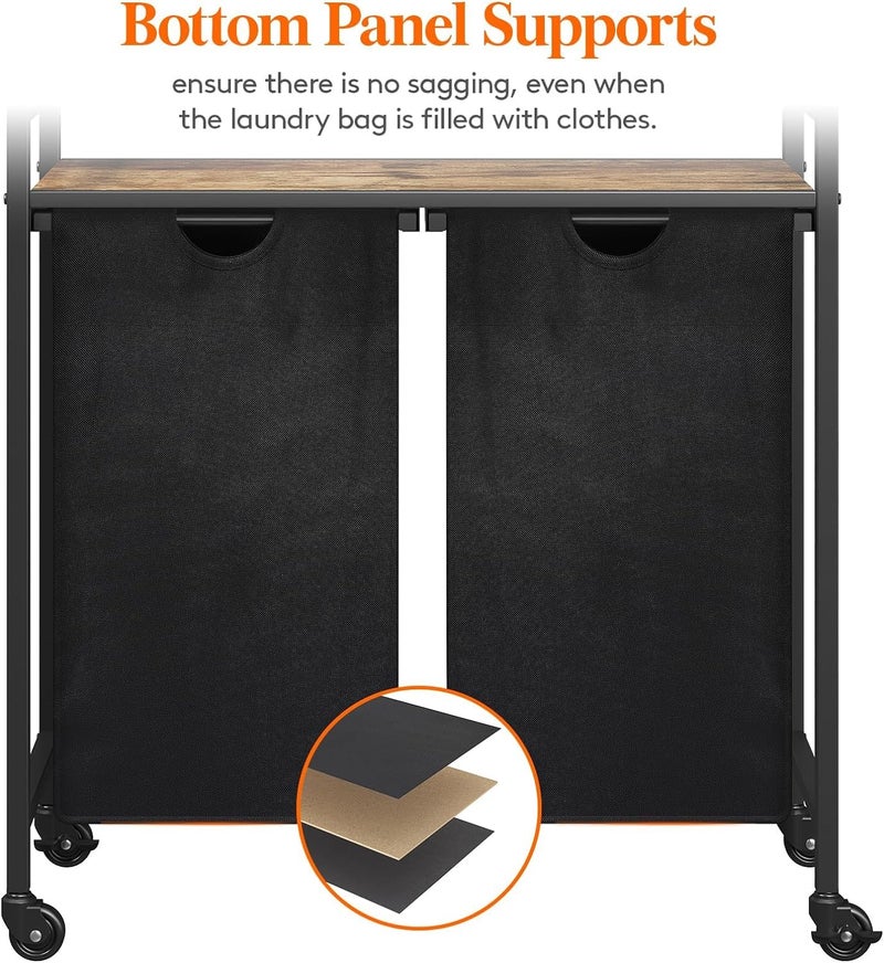 INDIDECOR INDIDECOR 2155 Laundry Basket with Wheels 2 Compartments Washing Basket with Large Storage Shelf and 2 Removable Laundry Bags Double Clothes Laundry Hamper for Laundry Room Bedroom And Dorm Black  - Image 5