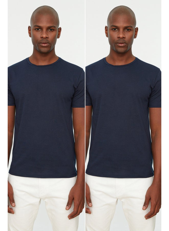 trendyol Navy Blue Basic Slim Fit 100% Cotton 2-Pack Crew Neck Short Sleeve T-Shirt TMNSS19BO0071 - Image 4