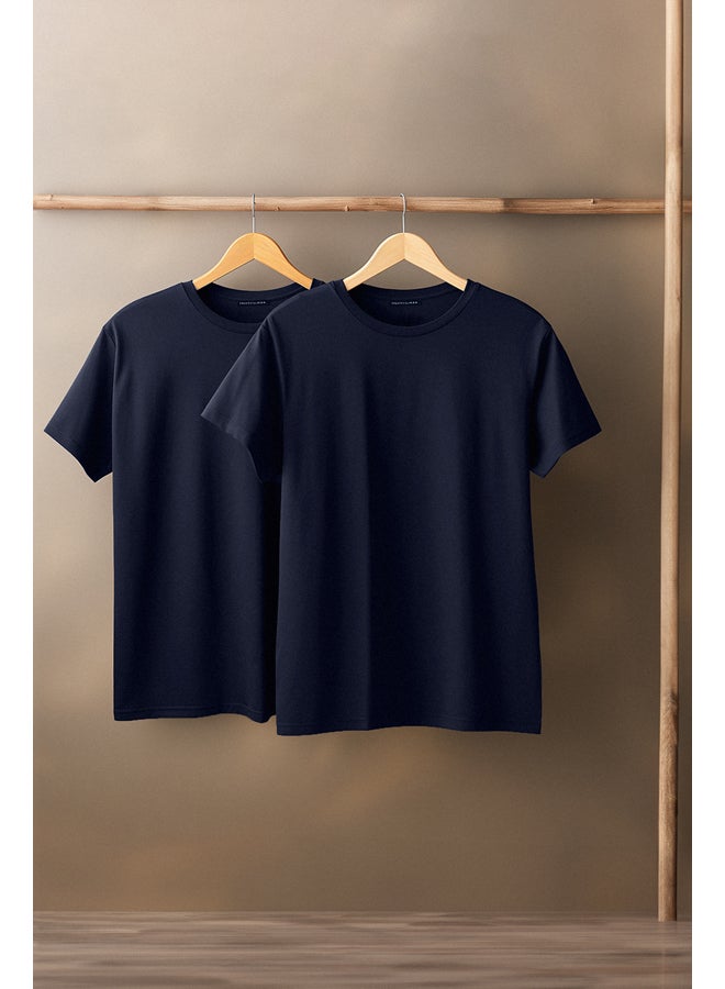 trendyol Navy Blue Basic Slim Fit 100% Cotton 2-Pack Crew Neck Short Sleeve T-Shirt TMNSS19BO0071 - Image 1