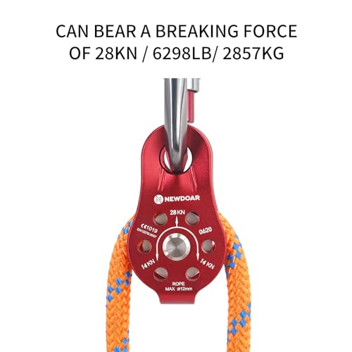 NewDoar Fixed Plate Micro Pulley,28KN CE Certified General Purpose Small Aluminum Rope Pulleys for Climbing/Aloft Work/Rappelling/Rescue Etc(28KN Red 2pcs) - Image 5