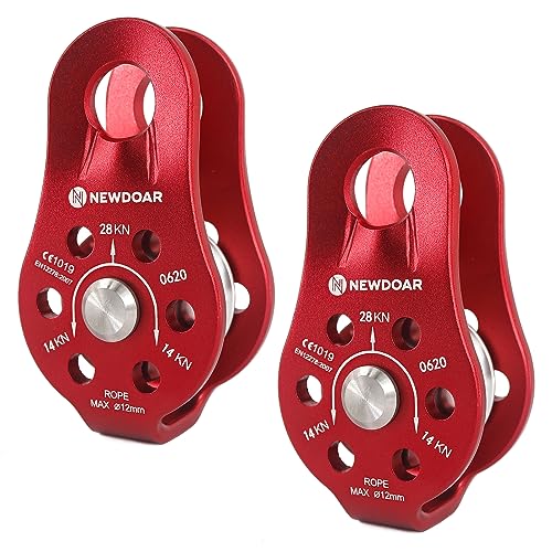NewDoar Fixed Plate Micro Pulley,28KN CE Certified General Purpose Small Aluminum Rope Pulleys for Climbing/Aloft Work/Rappelling/Rescue Etc(28KN Red 2pcs) - Image 1