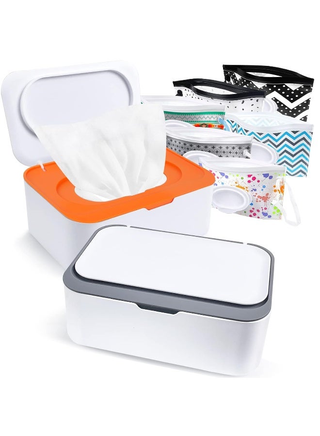 KALYLOC 8Pcs Baby Wipes Dispenser, Reusable Baby Wipe Holder Box and Portable Wet Wipes Pouch, Refillable Wipes Pouch Case Container with Lid for Bathroom Baby Nursery Kitchen Office Travel (Grey+Orange) - Image 1